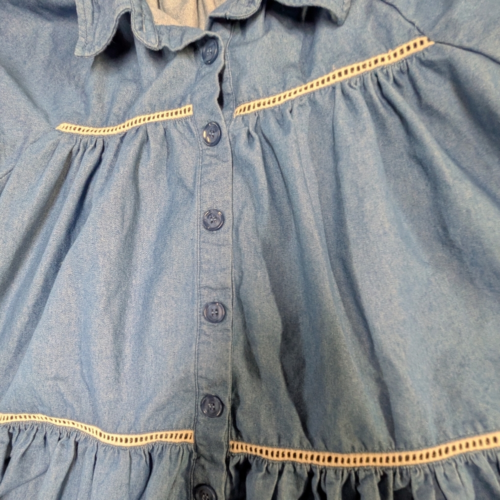 En Saison Tara Tiered Cotton Trapeze Mini Dress Denim Puff Sleeve Size Large - Picture 5 of 11